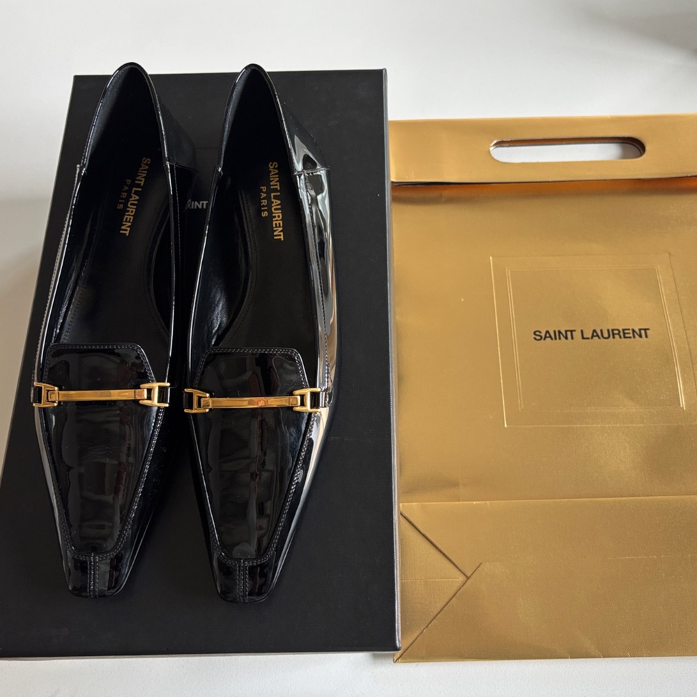 Saint Laurent Black Patent Leather Loafers with Gold Accent